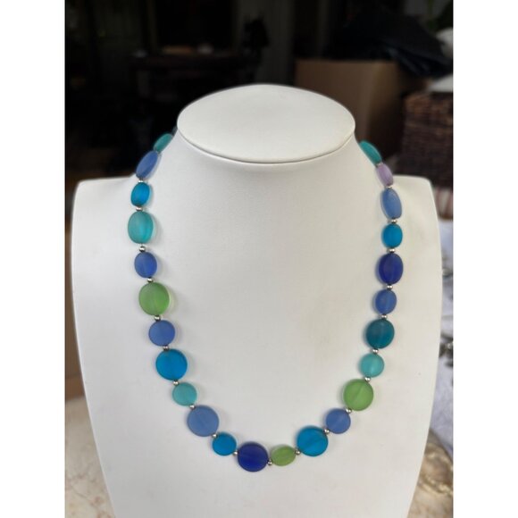 Handcrafted Multicolor Frosted Glass Bead Necklace With Silver Accents & Toggle - Picture 2 of 9